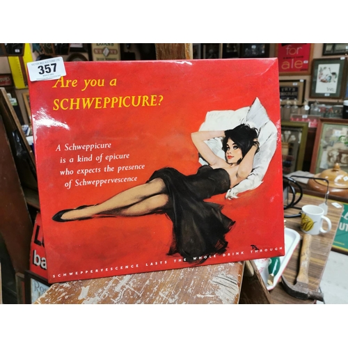 357 - Are You A Schweppicure? Schweppes celluloid advertising showcard {30 cm H x 36 cm W}.