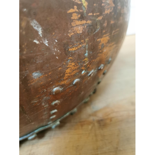 107 - 19th C. hand rivetted metal log bucket. { 28 cm H x 51 cm Diam}.