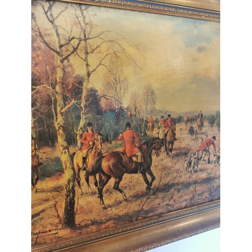 80 - Early 20th C. gilt framed oleograph - The Hunt. {63 cm h x 104 cm W}.