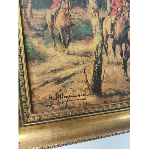 80 - Early 20th C. gilt framed oleograph - The Hunt. {63 cm h x 104 cm W}.