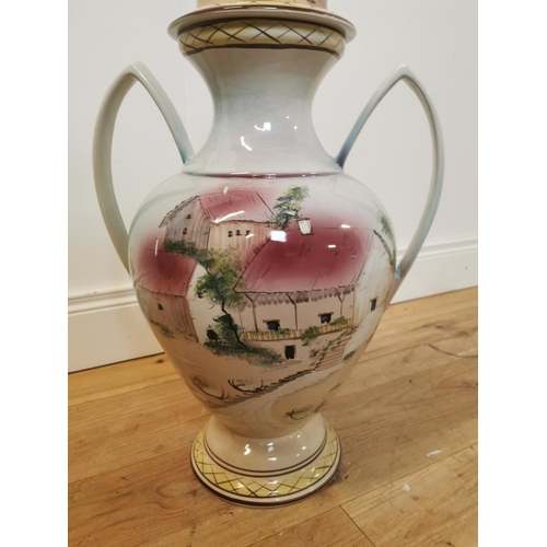 94 - Decorative hand painted ceramic lidded urn. {70 cm H x 37 cm W x 32 cm D}.