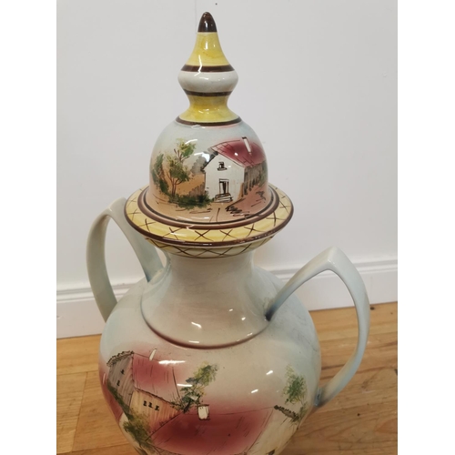 94 - Decorative hand painted ceramic lidded urn. {70 cm H x 37 cm W x 32 cm D}.