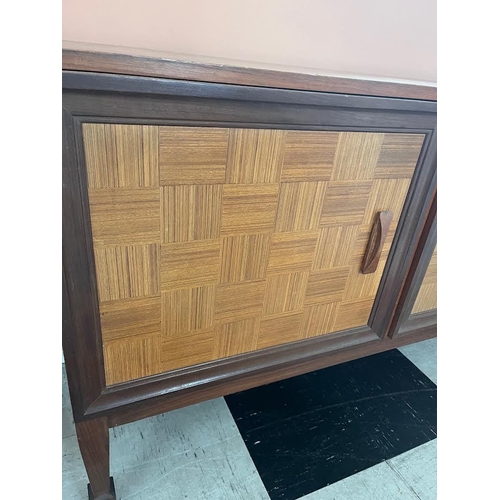 55 - Mid-century teak sideboard with parquetry design doors flanking a fall front centre section {180 cm ... 