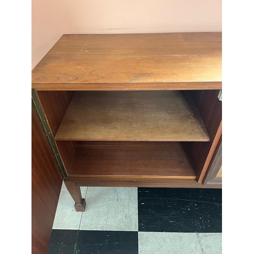 55 - Mid-century teak sideboard with parquetry design doors flanking a fall front centre section {180 cm ... 