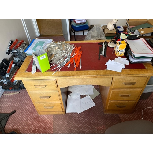 597 - Edwardian oak pedestal desk with unusual handles {139 cm W x 70 cm H x 77 cm D}