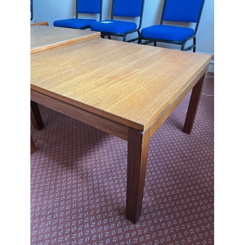 604 - Three square vintage teak tables {68 cm W x 45 cm H}