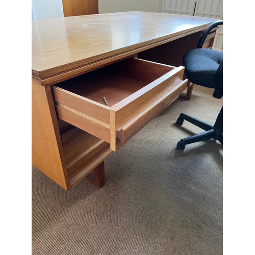 609 - Good quality vintage teak desk, two drawers with cool handles and chair