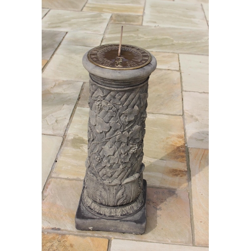 10 - Brass sundial on composition pedestal decorated with vines. {73 cm H x 26 cm Dia}.