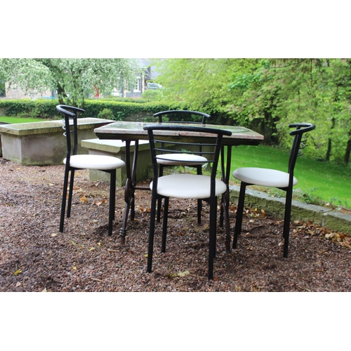 37 - Wrought iron table with marble top and four metal and leather upholstered chairs . Table {74 cm H x ... 