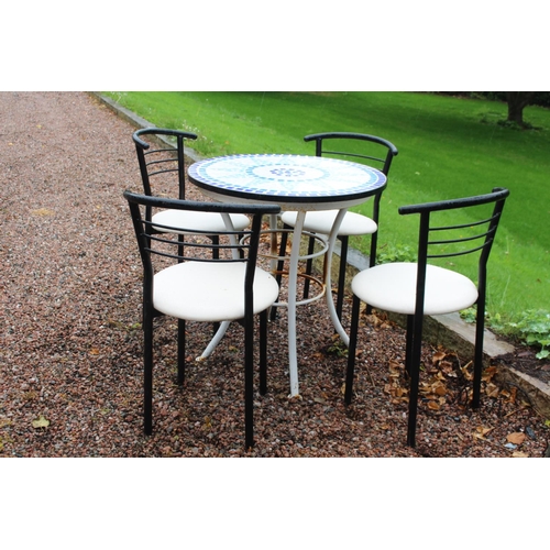 47 - Wrought iron table with marble top and four metal and leather upholstered chairs . Table {73cm H x 7... 