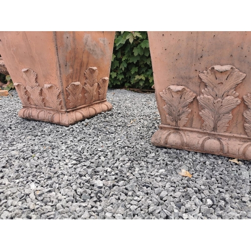 48 - Pair of square terracotta planters decorated with acanthus leaf including boxwood bush  {63 cm H (pl... 