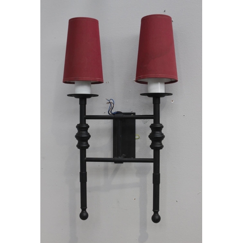 130 - Twin metal wall light with maroon shades {62 cm H x 35 cm W x 16 cm D}.