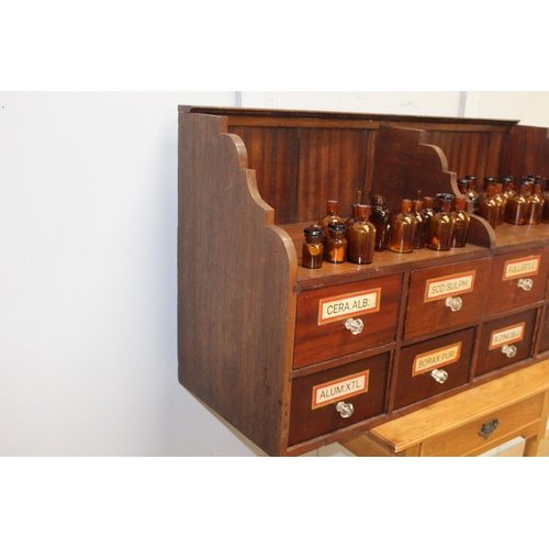 142 - Set of eight chemist drawers with original labels {67 cm H x 113 cm W x 40 cm D}.