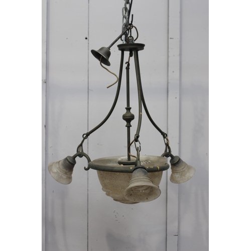 145 - Three branch brass chandelier with shades {100 cm H x 77 cm Dia.}.