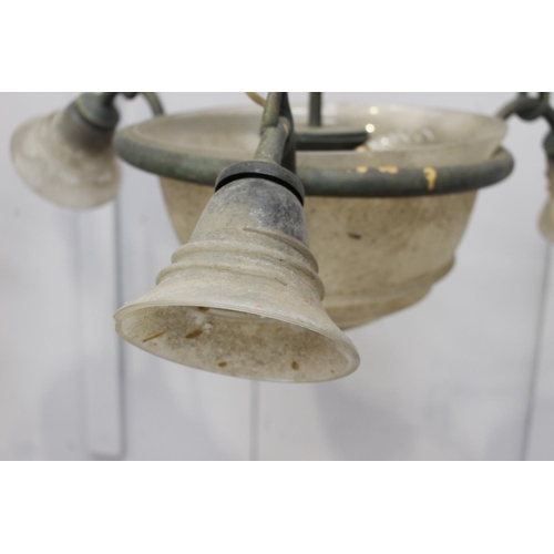 145 - Three branch brass chandelier with shades {100 cm H x 77 cm Dia.}.