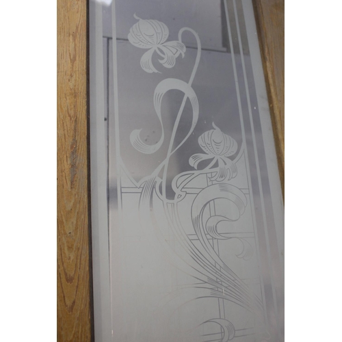 160 - Pitch pine door with etched glass panel {271 cm H x 64 cm W x 4 cm D}.