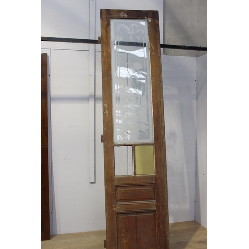 160 - Pitch pine door with etched glass panel {271 cm H x 64 cm W x 4 cm D}.