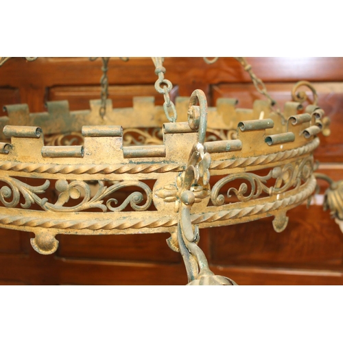 166 - Four branch brass chandelier in the Medieval style {80 cm H x 102 cm Dia.}.