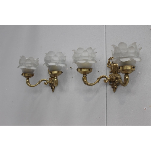 167 - Pair of brass wall lights with frosted glass shades {17 cm H x 35 cm W x 14 cm D}.