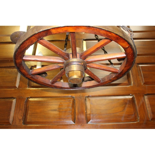 173 - Brass and wooden five light wagon wheel hanging light {65 cm H x 52 cm Dia.}.