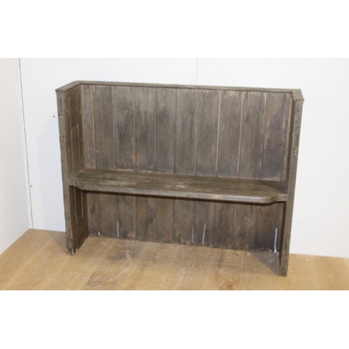 186 - Pitch pine pew {93 cm H x 121 cm W x 34 cm D}.