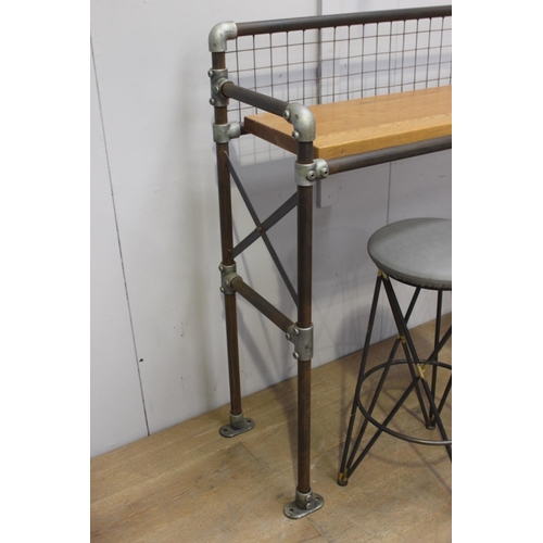 187 - Scaffolding style drinks stand with oak top {128 cm H x 206 cm W x 34 cm D}.