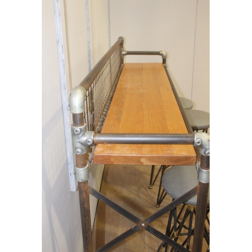 187 - Scaffolding style drinks stand with oak top {128 cm H x 206 cm W x 34 cm D}.