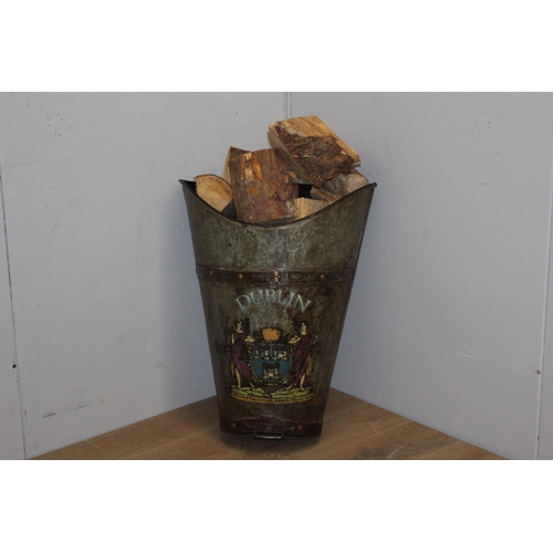 193 - Metal log basket with painted Dublin Castle amorial {76 cm H x 59 cm W x 26 cm D}.