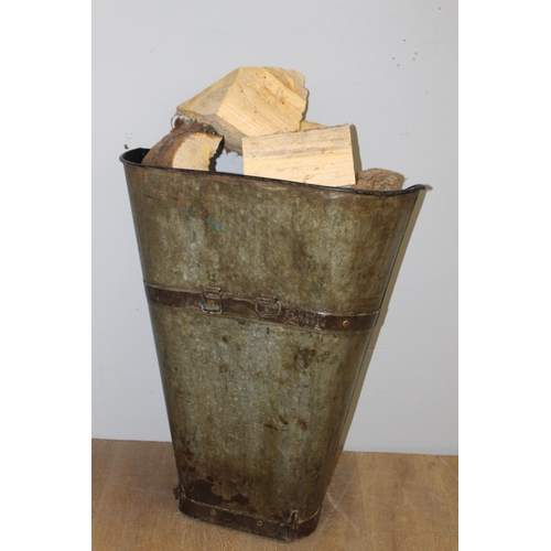 193 - Metal log basket with painted Dublin Castle amorial {76 cm H x 59 cm W x 26 cm D}.