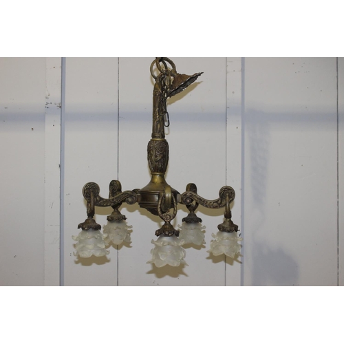 194 - Five branch brass chandelier with frosted glass shades {80 cm H x 50 cm Dia.}.