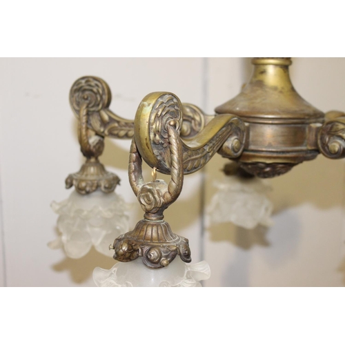 194 - Five branch brass chandelier with frosted glass shades {80 cm H x 50 cm Dia.}.