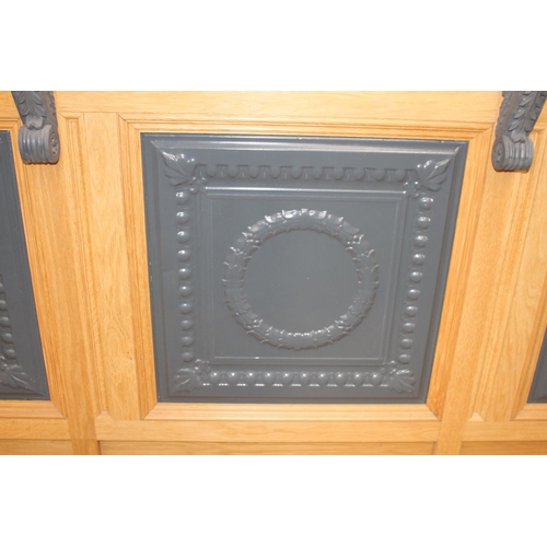 253 - Bar front panelling with decorative aluminium panels {103 cm H x 344 cm W x 74 cm D}.