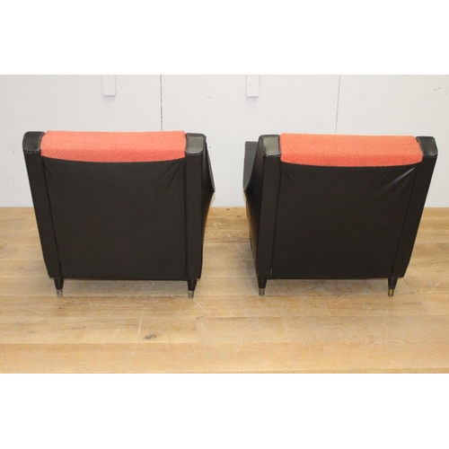 264 - Pair of Retro black and red leather upholstered armchairs {74 cm H x 72 cm W x 53 cm D}.