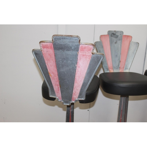 287 - Three cast aluminium stools with leather upholstered seat and fan shaped back in the Art Deco style ... 