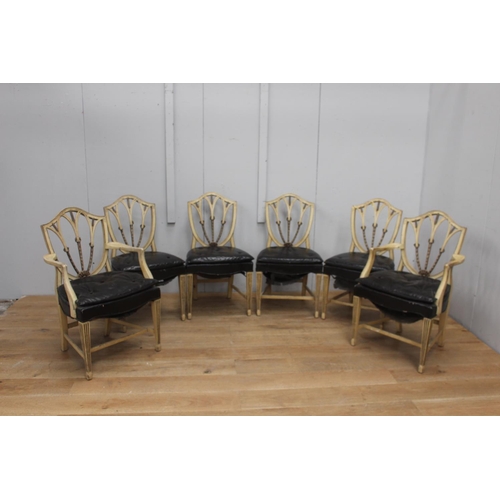 295 - Set of two + four painted mahogany shield back chairs with leather upholstered seat {94 cm H x 58 cm... 