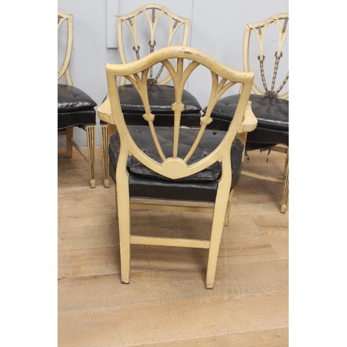 295 - Set of two + four painted mahogany shield back chairs with leather upholstered seat {94 cm H x 58 cm... 