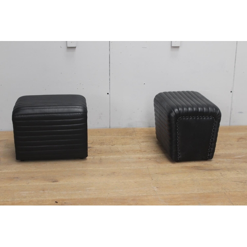 297 - Pair of black leather ribbed stools {38 cm H x 38 cm W x 36 cm D}.