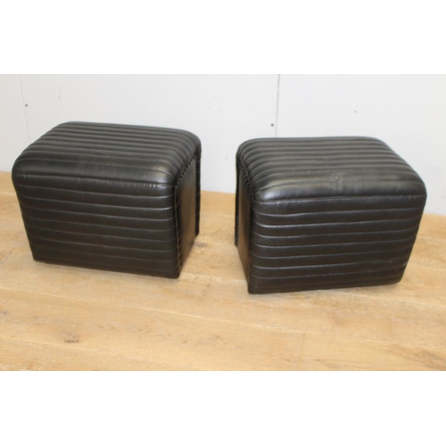 298 - Pair of black leather ribbed stools {38 cm H x 38 cm W x 36 cm D}.