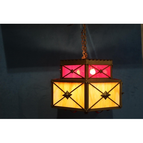 300 - Metal two tier ceiling light with yellow and red opaque glass panels. { 40 cm H x 50 cm Diam}.