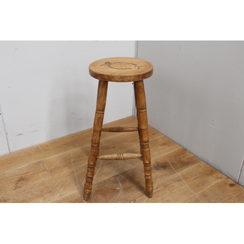 325 - Tall pine milking stool with fish design {70 cm H x 30 cm Dia.}.