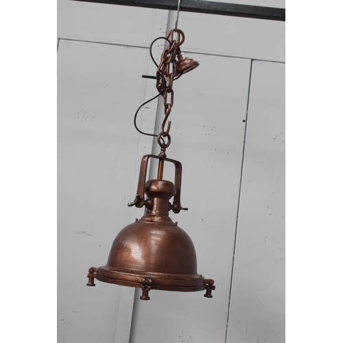 337 - Copper hanging light {Drop 128 cm H and Light 60 cm H x 50 cm Dia.}.