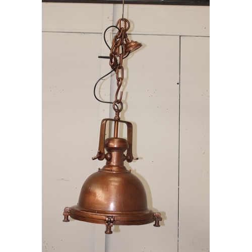 338 - Copper hanging light {Drop 128 cm H and Light 60 cm H x 50 cm Dia.}.