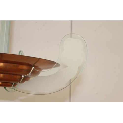 339 - Retro enamel and glass pendant light {60 cm H x 50 cm Dia.}.