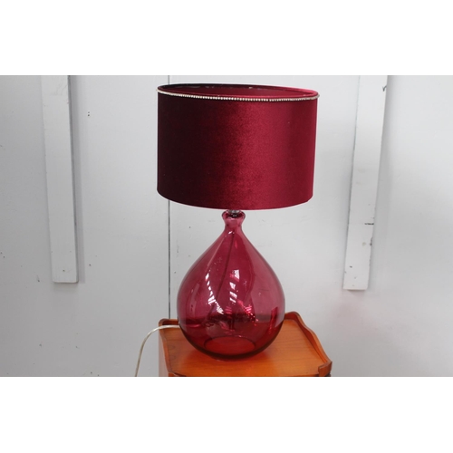 351 - Ruby red glass lamp with velvet shade {54 cm H x 30 cm Dia.}.