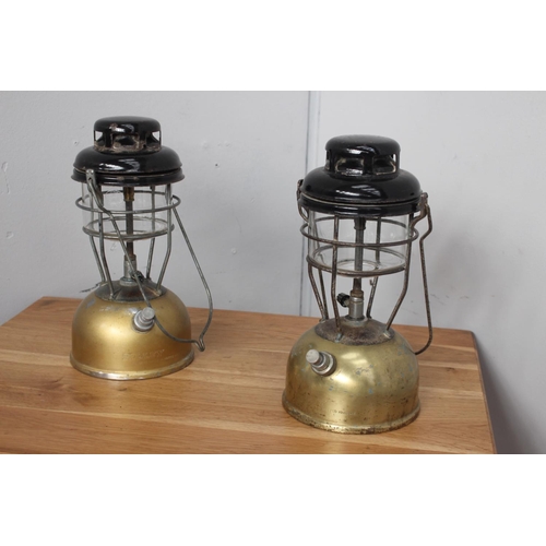 354 - Pair of brass Tilley lamps with original glass shades {33 cm H x 17 cm Dia.}.