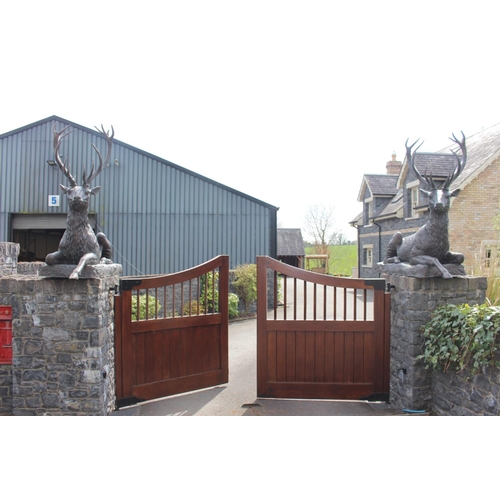 364 - Pair of bronze models of seated Stags {190 cm H x 200 cm W x 60 cm D}.