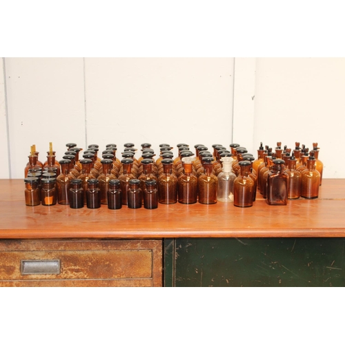 365 - Collection of eighty Chemist bottles with stoppers  {Larges 12 cm H x 5 cm Dia. and Smallest 7 cm H ... 