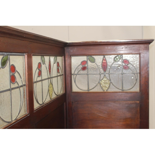 366 - Mahogany L shaped divider with leaded glass panels {69 cm H x 130 cm W x 49 cm D}.