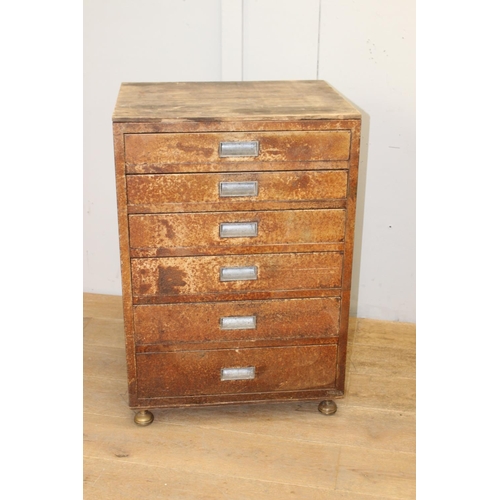 367 - Metal wood industrial cabinet with six graduated drawers raised on brass feet {89 cm H x 61 cm W x 4... 