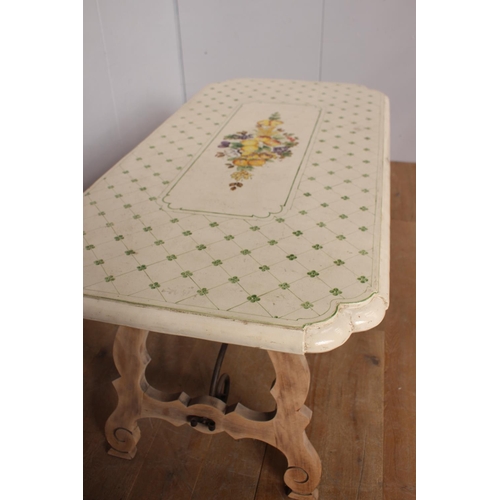 37 - Handmade and hand painted ceramic table raised on wooden and metal base {79 cm H x 200 cm W x 92 cm ... 